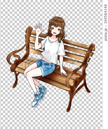 A girl sitting on a bench and waving a hand 104564148