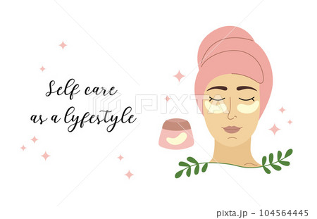 Self Care concept. Vector card, poster, banner with text. Illustration of organic cosmetic products and woman applying undereye patches 104564445