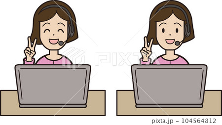 パソコン入力をしながら電話応対をする若い女性　表情パターン 笑顔 ピース ピースサイン 104564812