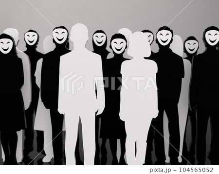 大衆の中に潜む複数の犯罪者のシルエット　3Dイラストレーション　横 104565052