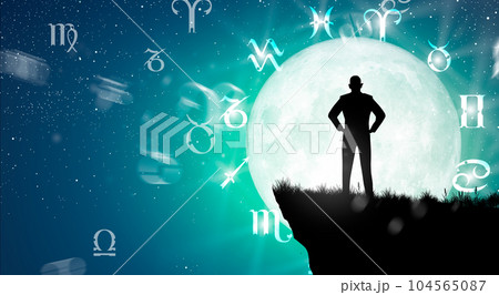 Astrological zodiac signs inside of horoscope circle. Illustration of Man silhouette consulting the stars and moon over the zodiac wheel and milky way background. The power of the universe concept. Astrological zodiac signs inside of horoscope circle. Illustration of Man silhouette consulting the stars and moon over the zodiac wheel and milky way background. The power of the universe concept. 104565087