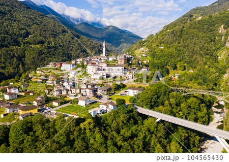 Aerial view of Swiss hamlet of Intragna in Alps in summertime Aerial view of Swiss hamlet of Intragna in Alps in summertime 104565430