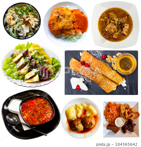 Set of Russian cuisine dishes at plates isolated on white Set of Russian cuisine dishes at plates isolated on white 104565642
