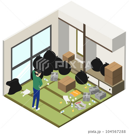 ゴミでいっぱいの和室と困っている男性・アイソメトリック 104567288