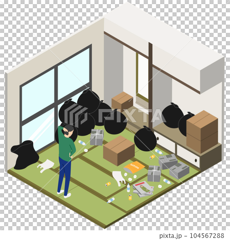 ゴミでいっぱいの和室と困っている男性・アイソメトリック 104567288