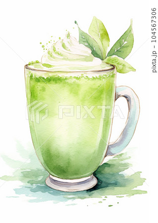アイス抹茶ラテの水彩イラスト　AI画像 104567306