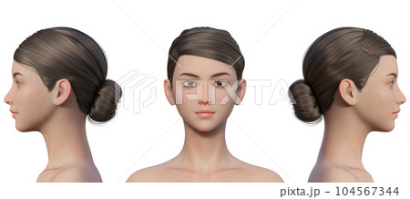 目を開けた3dモデル女性の正面と左右の横顔アップのセット 104567344