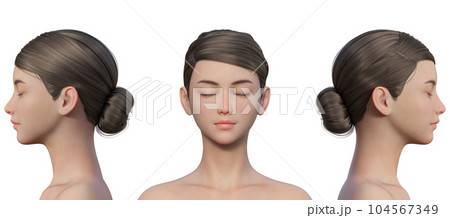 目を閉じた3dモデル女性の正面と左右の横顔アップのセット 104567349