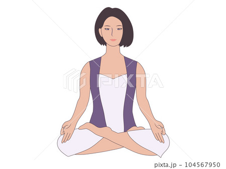 蓮華座で瞑想する若い女性。親指と人差し指の先端が触れている。平穏な表情をしている。 蓮華座で瞑想する若い女性。親指と人差し指の先端が触れている。平穏な表情をしている。 104567950
