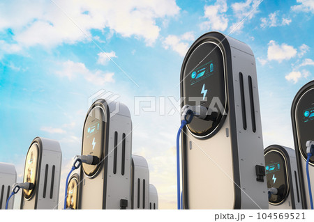 EV charging stations or electric vehicle recharging stations with graphic display EV charging stations or electric vehicle recharging stations with graphic display 104569521