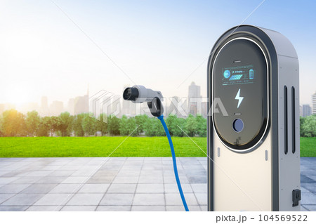 EV charging stations or electric vehicle recharging station with graphic display 104569522