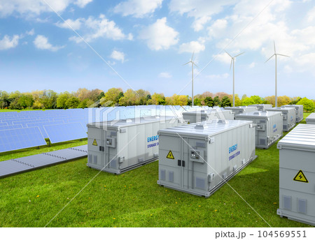 Amount of energy storage systems or battery container units with solar and turbine farm Amount of energy storage systems or battery container units with solar and turbine farm 104569551