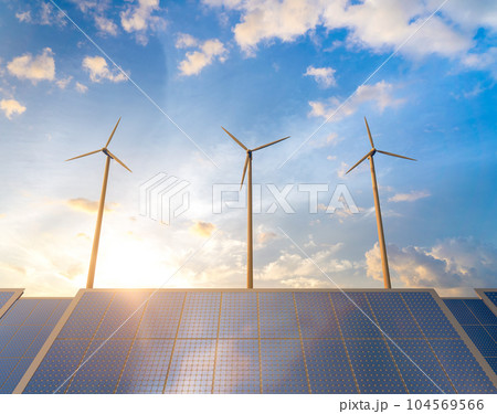 Alternative energy concept with wind turbines and solar panels Alternative energy concept with wind turbines and solar panels 104569566