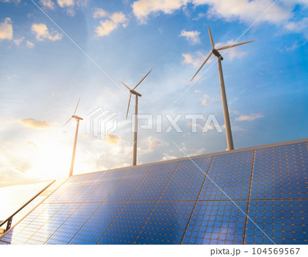 Alternative energy concept with wind turbines and solar panels 104569567