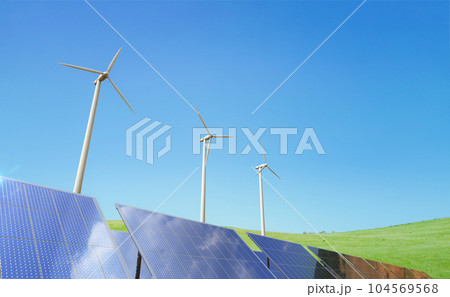 Alternative energy concept with wind turbines and solar panels 104569568