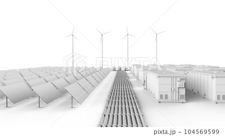 3d rendering amount of energy storage systems or battery container units with solar and turbine farm 104569599