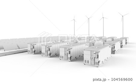 3d rendering amount of energy storage systems or battery container units with solar and turbine farm 104569600