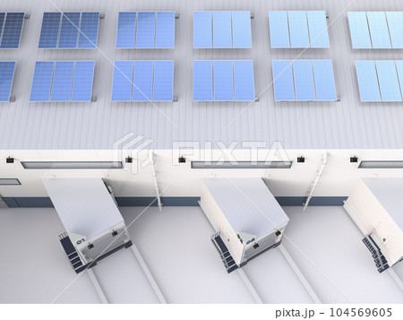 Solar panels on warehouse or factory roof for industrial use 104569605