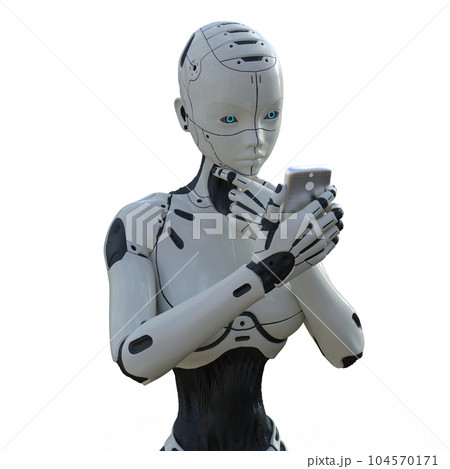 携帯で調べるAIロボット　女性型アンドロイド　perming3DCG イラスト素材 104570171