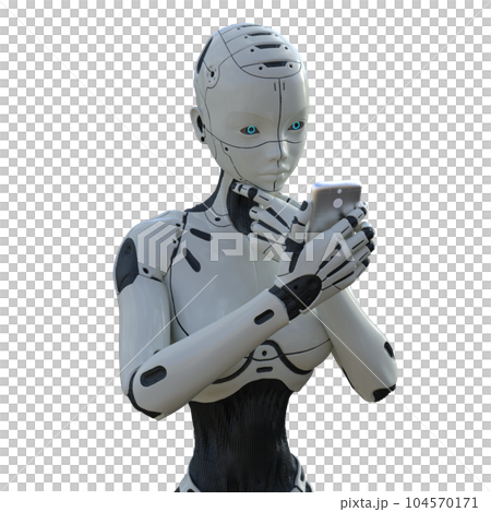 携帯で調べるAIロボット　女性型アンドロイド　perming3DCG イラスト素材 104570171
