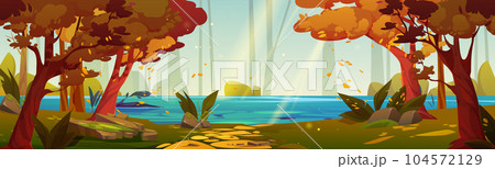 Autumn forest landscape with lake 104572129