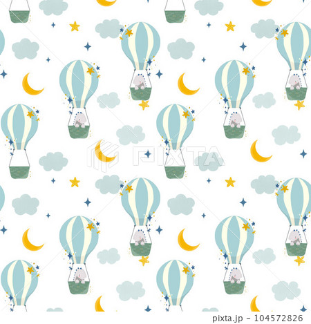 Beautiful kids seamless pattern with hand drawn cute dinosaurs flying on air balloons with stars and clouds. Stock illustration. 104572826