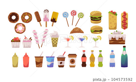 Big set of different meal and drinks for food truck festival flat style 104573592