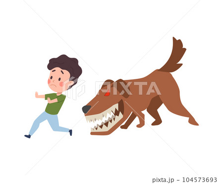 Vector illustration of frightened boy runs from a huge dog with red eyes that wants to bite him and barks, fear of god, isolated on white background 104573693