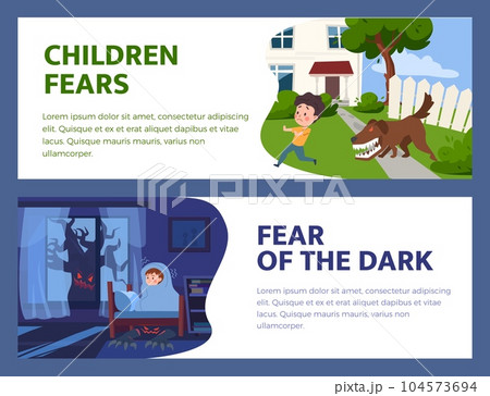 Children fears and phobias banners set with text, cartoon flat vector illustration. Children fears and phobias banners set with text, cartoon flat vector illustration. 104573694
