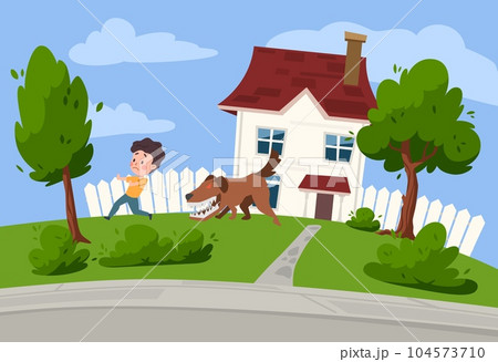 Vector illustration of frightened boy runs from a huge bulldog with red eyes that wants to bite him and barks, fear of god, against the backdrop of a white house with a lawn and trees 104573710