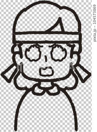 Upper body line drawing illustration of a woman with angry eyes facing the front and wearing a hachimaki Upper body line drawing illustration of a woman with angry eyes facing the front and wearing a hachimaki 104573869