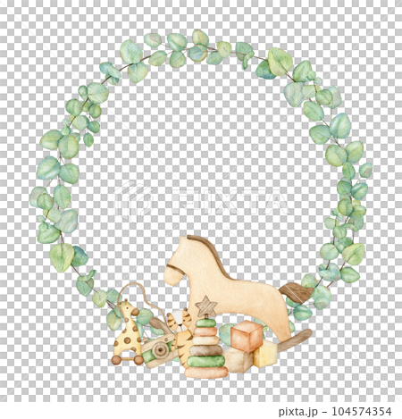 Baby shower frame with wooden toys pyramid, camera, rocking horse, cubes, plush tiger, giraffe on wheels, teething toy in eucalyptus wreath. Hand drawn watercolor illustration eco kids toys for card Baby shower frame with wooden toys pyramid, camera, rocking horse, cubes, plush tiger, giraffe on wheels, teething toy in eucalyptus wreath. Hand drawn watercolor illustration eco kids toys for card 104574354