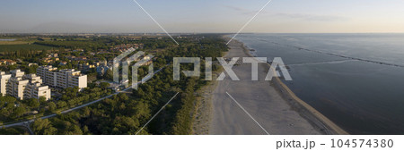 drone view of adriatic shore with sandy beach at morning drone view of adriatic shore with sandy beach at morning 104574380