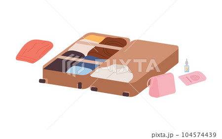 Vector illustration of open suitcase full of clothes, ticket and documents, isolated on white background. Vector illustration of open suitcase full of clothes, ticket and documents, isolated on white background. 104574439