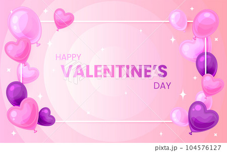 Valentine day greeting card balloon banner flat. Romantic flyer gift banner frame hung balloon heart pink purple gradient sweetheart background cute cartoon love web poster brochure ads celebration 104576127