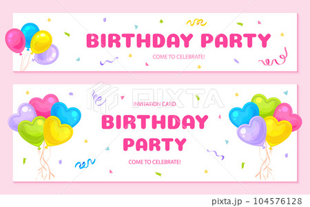 Birthday party invitation banner card balloon flat. Pink background flying confetti celebration congratulate concept postcard cover holiday event big date family friendly birth anniversary card pass 104576128