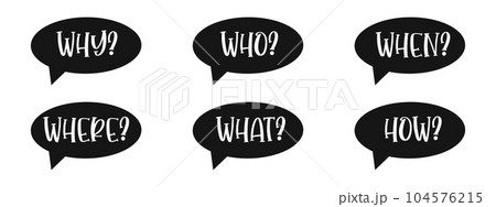 5W1H questions set. Why, who, where, when, what, how speech text bubbles isolated on white background. Information, idea, consulting symbols. Problem and solution concept 5W1H questions set. Why, who, where, when, what, how speech text bubbles isolated on white background. Information, idea, consulting symbols. Problem and solution concept 104576215
