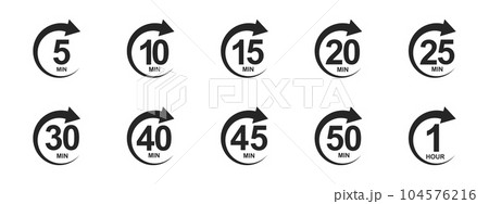 Set of minutes icons with circle arrows. Stopwatch symbol. 5, 10, 15, 20, 25, 30, 40, 45, 50 min countdawn signs. Sport or cooking timers isolated on white background Set of minutes icons with circle arrows. Stopwatch symbol. 5, 10, 15, 20, 25, 30, 40, 45, 50 min countdawn signs. Sport or cooking timers isolated on white background 104576216