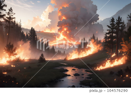 激しく燃える山火事のイラスト 104576290