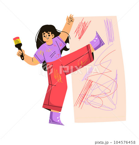 Girl Hooligan with Bad Behavior Painting on Wall with Brush Vector Illustration 104576458