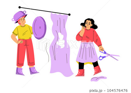 Children Hooligan with Bad Behavior Wearing Pot on Head and Cut Shower Curtains with Scissors Vector Illustration 104576476