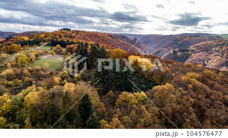 fall autumn aerial view rock with medieval castle Ehrenburg on it near moselle river in Brodenbach with forest hills 104576477