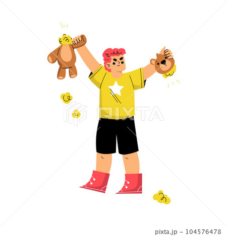 Boy Hooligan with Bad Behavior Tearing Teddy Bear Toy Vector Illustration 104576478