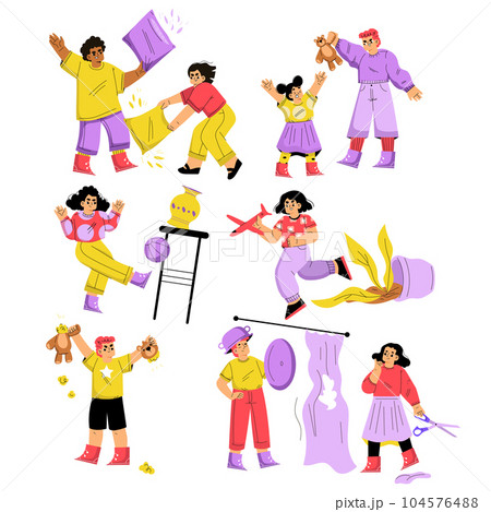Naughty Children Hooligans Misbehaving Making Mess Vector Set 104576488