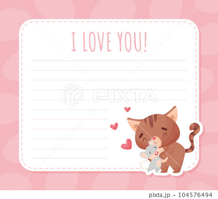 Note and Reminder Card with Cute Friendly Cat and Mouse Vector Template 104576494