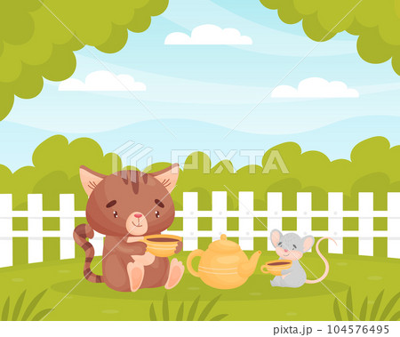 Cute Friendly Cat and Mouse Sitting on Green Lawn Drink Tea Together Vector Illustration 104576495