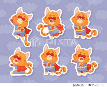 Funny Cat Superhero in Mask and Cloak Vector Sticker Set Funny Cat Superhero in Mask and Cloak Vector Sticker Set 104576539