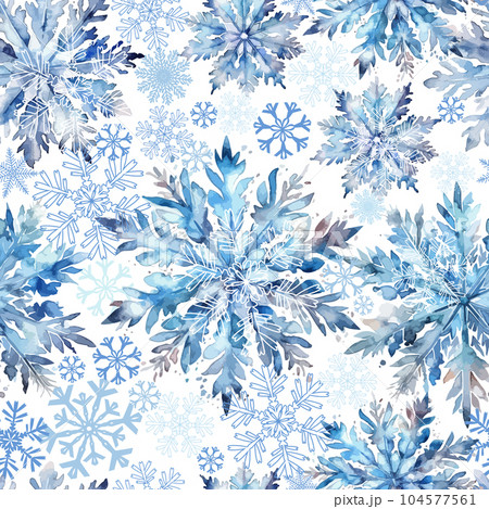 Snowflakes background. Repeated silver texture. Snow printed. Seamless pattern of watercolor snowflakes. Vector illustration 104577561