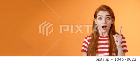 Got idea. Excited redhead woman sharing interesting plan, raise index finger eureka gesture, open mouth say thought, remember important thing, stare camera stunned, finally understand 104578022