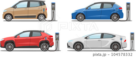 電気自動車 EV 充電中 イラスト コンパクトカー SUV セダン 軽自動車 104578332